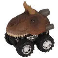 Detailed close-up of a Tyrannosaurus rex off-road pull-back toy car with textured skin - Bagged - Pull Back Carnotaurus