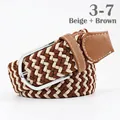 Elastic woven belt in beige and brown fiber with silver metal pin buckle for unisex - 107cm / Beige and Brown