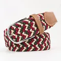 Elastic woven belt in beige, green, and red stripes with silver buckle and leather trim - 107cm / Beige Green Red