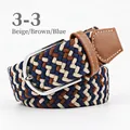 Elastic braided belt in beige, coffee, and blue patterns with silver metal buckle - 107cm / Beige Coffee Blue
