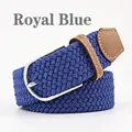 Royal blue elastic braided belt with a silver D-ring buckle and brown leather trim - 107cm / Sapphire Blue