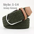 Army green braided elastic belt with silver pin buckle and brown leather end trim - 107cm / Army Green