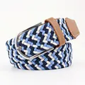 Elastic braided belt in blue, navy, and white stripes with a silver pin buckle - 107cm / Blue Orchid White
