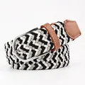 Elastic woven belt with black white and grey fibers and brown leather detailing - 107cm / Grey Black White