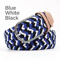 Elastic braided belt in blue, white and black colors with silver buckle and leather trim - 107cm / Blue White Black