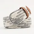 Elastic braided belt in white and grey mix with silver buckle and brown leather trim - 107cm / White Mixed Grey