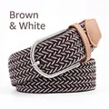 Elastic woven belt in coffee and white stripes with a silver alloy pin buckle - 107cm / Coffee and White