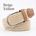 Beige elastic woven belt with brown leather trim and a silver metal buckle - 107cm / Beige