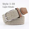Elastic braided belt in light khaki with silver D-ring buckle and brown leather trim - 107cm / Light Khaki