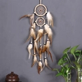 Handmade brown and white feather dream catcher with double hoops and natural beads decoration - Beige
