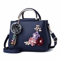 Dark blue leather floral handbag with metal handle, 3D satin flowers and fur charm - Dark Blue