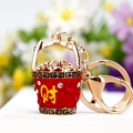 Red rhinestone apple bucket keychain with gold handle and lucky fortune character - Single OPP Bag Packaging / Red Treasure Bucket