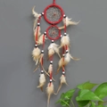 Dual ring dreamcatcher with red woven circles, natural brown feathers and beads decoration - Red