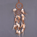 Double hoop dream catcher with orange and brown feathers and beads for wall hanging - Earthy Yellow