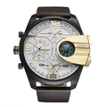 Detail view of Oulm oversized dial watch featuring triple time zones and built-in compass - White with Gold Accent