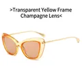 Retro cat-eye sunglasses with transparent yellow frame, champagne lens and metal temples - Transparent Yellow Frame Champagne Lens