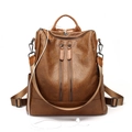 Brown leather anti-theft backpack with dual zippers and adjustable straps for women - Double Zipper / Caramel color