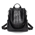 Minimalist black leather anti-theft backpack with glossy finish and silver hardware - Double Zipper / Black