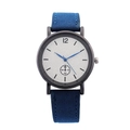 Minimalist quartz watch with navy blue suede strap and black matte case on white background - Blue