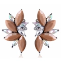 Leaf-shaped stud earrings with brown teardrop resin and iridescent crystals on dark metal - Coffee