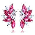 Deep pink and rainbow marquise stone cluster earrings with crystal accents on dark alloy - Transparent Rose Red