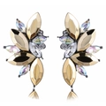 Macro detail of leaf-shaped earrings with iridescent gems and sparkling rhinestones - Gold Plating