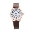 Women's quartz watch with rose gold case, pearl dial and shiny brown leather strap - Brown