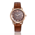 Minimalist brown leather quartz watch with rose gold bezel and dark brown round dial - Brown