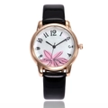 Fashion rose gold quartz watch with floral dial and black leather strap for women - Black