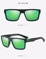 Detail view of DUBERY matte black sports sunglasses with green polarized lenses and logo - Matte Black Frame / Green Mirror Lens