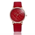 Women's fashion quartz watch with red lattice dial and slim textured leather strap - Red