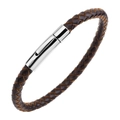Pulsera trenzada de cuero marrón oscuro para hombre con un cierre magnético de metal plateado - Marrón