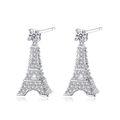 Detailed view of silver Eiffel Tower earrings with shimmering cubic zirconia pavé - Silver