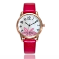 Fashion quartz watch with rose pink leather strap and floral pattern dial for women - Red