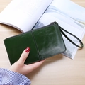 Dark green leather long wallet with zipper and wrist strap for women handheld display - Dark Green