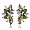 Detail of wing-shaped rhinestone earrings with olive green crystals and dark grey base - Olive Green
