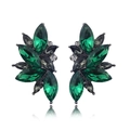 Detail of leaf cluster earrings with marquise emerald green crystals in dark grey metal - Peacock Green