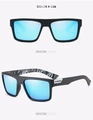 Detailed view of matte black polarized sunglasses with blue mirrored lenses and logo - Matte Black Frame / Blue Mirror / Zebra Pattern Inner