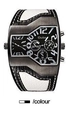Oulm men's dual time zone watch with oversized tonneau dial and black leather strap - White Strap Black Face
