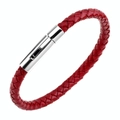 Bracelet tressé en cuir rouge pour homme avec fermoir en acier inoxydable argenté poli - Bordeaux