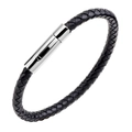 Pulsera trenzada de cuero negro para hombre con cierre cilíndrico de acero inoxidable - Negro