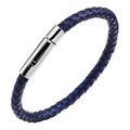 Pulsera de hombre en cuero trenzado azul con cierre de acero inoxidable plateado pulido - Azul