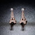 Elegant rose gold Eiffel Tower drop earrings with brilliant white cubic zirconia stones - Rose Gold