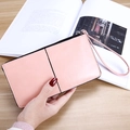 Pink long wallet clutch for women with wrist strap and zipper closure in PU leather - Pink