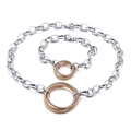 Three-tone interlocking ring pendant necklace and bracelet set in polished titanium steel - A Style Mixed Gold Jewelry Set (KS86119-K)