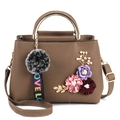 Brown faux leather handbag with floral embroidery and detachable plush charm for women - Khaki