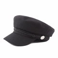 Classic black wool flat top cadet hat with decorative cord and silver anchor button - Black / Approx 58
