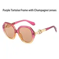 Oval sunglasses with gradient purple-orange frames and gold metal geometric temples - Purple Tea Frame Champagne Lenses