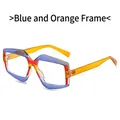 Geometric gradient sunglasses with blue orange frames and translucent yellow temples - Blue Orange Frame Clear Lens