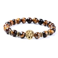 Tiger Eye stone bead bracelet with golden lion head charm on white background - Gold Lion Head-6139A